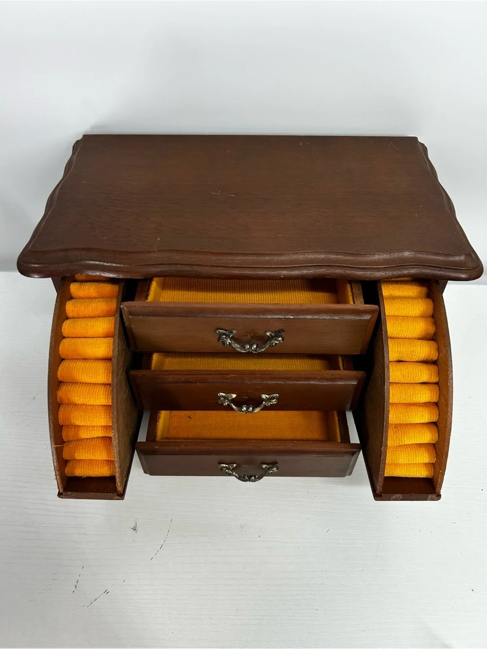 Wood Jewelry Organizer with Bright Orange Lined Drawers
